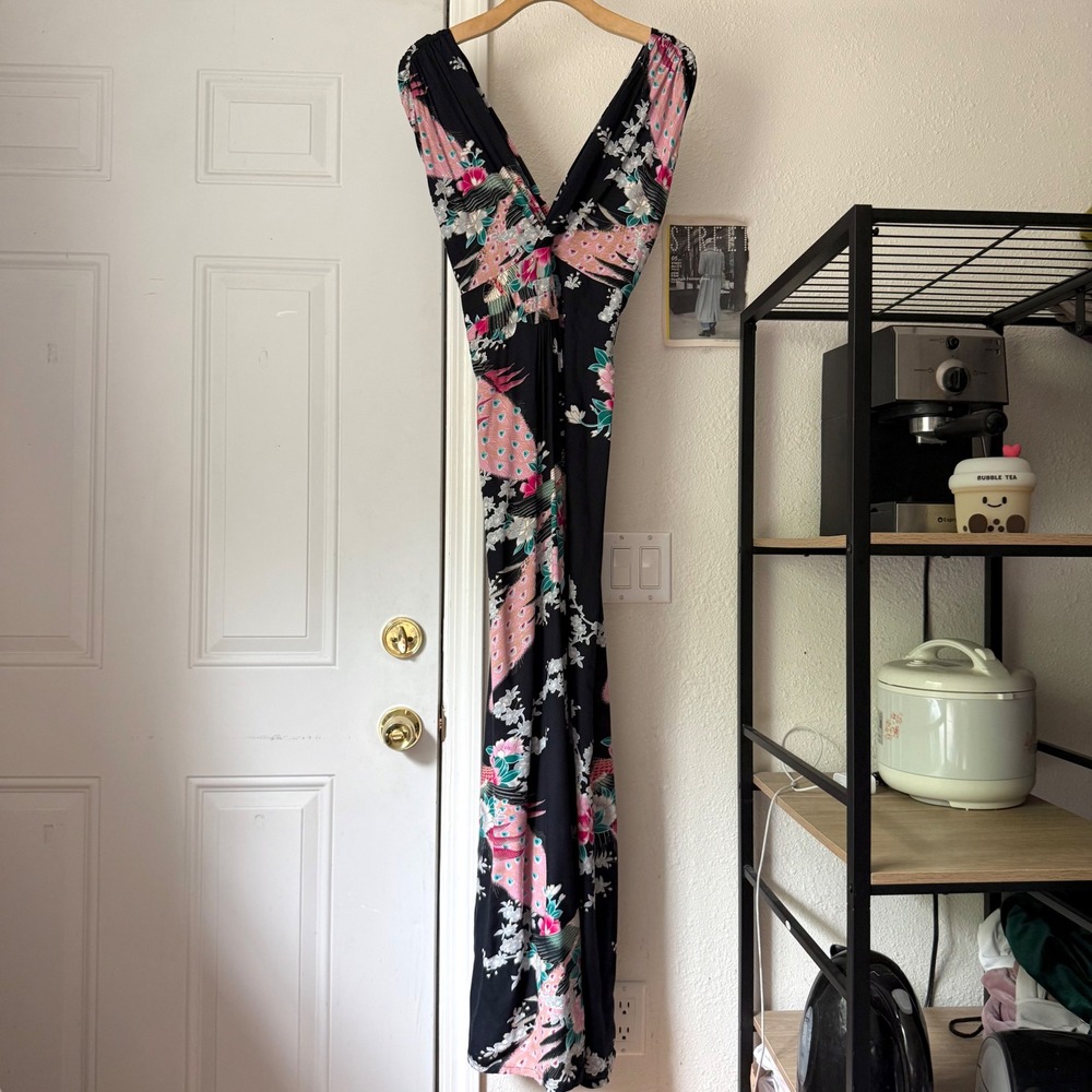 RUBY ROCKS black‎ floral bird peacock smocked waist sleeveless maxi dress